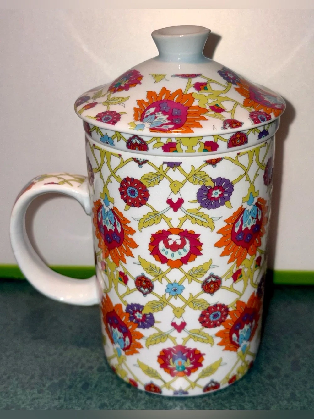 World Market 3 Piece Floral Tea Ceramic Mug/Cup w/Infuser and Lid